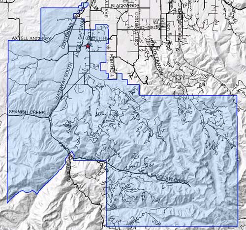 A map with an area outlined in blue